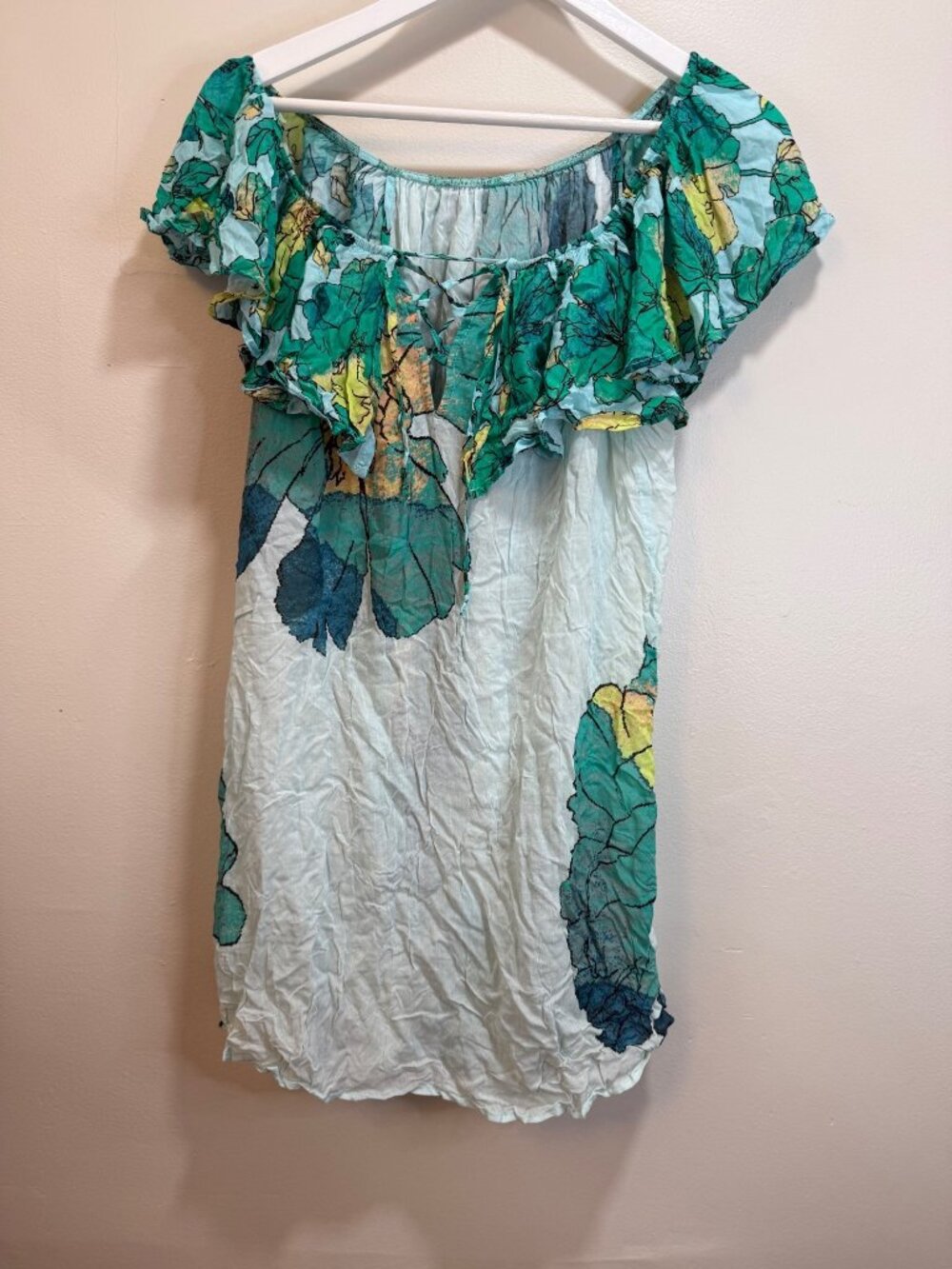 Maaji Off The Shoulder Floral Sheer Whimsical Fairy Dainty Beach Cover Up Green